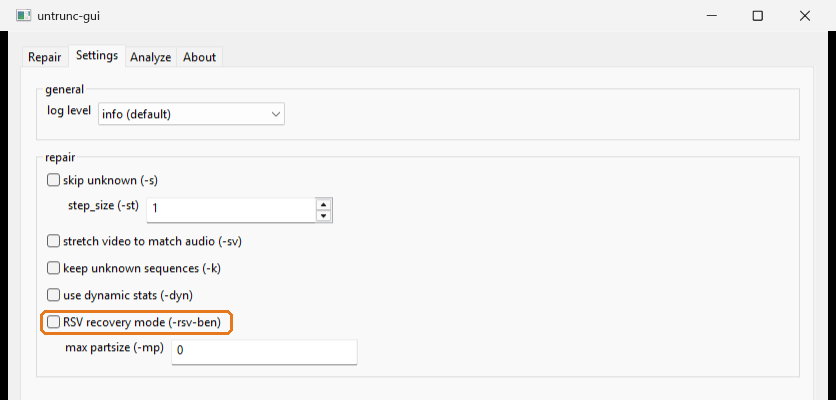 חלון untrunc-gui בלשונית Settings, האפשרות RSV recovery mode מסומנת במסגרת כתומה